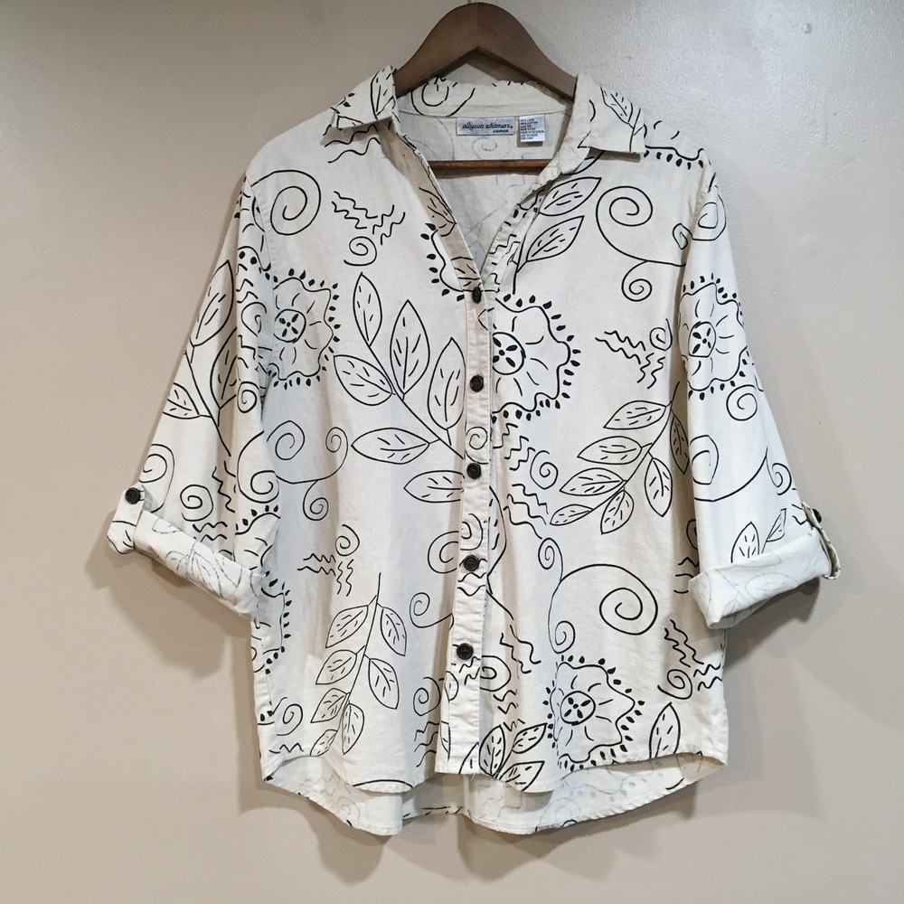 Allyson Whitmore Linen Blend Button Up Shirt Womens 1X‎ Tan Black Floral Artsy
